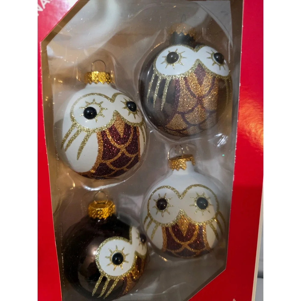 New Lot of 4 Glass Brown and Gold Glitter Owl Ornaments BALLS Christmas 2.25